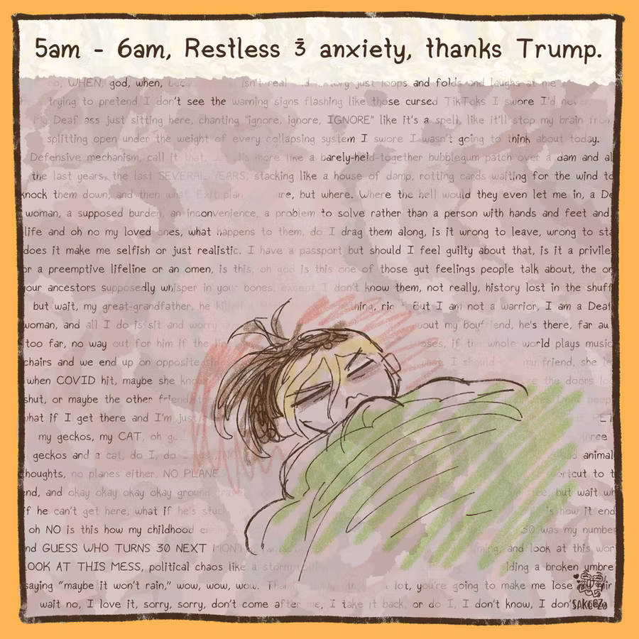 5am - 6pm, restless and anxiety, thanks Trump. Destiny tried to sleep, looking grumpy and uncomfortable with background full of text expressing her irrational thoughts.