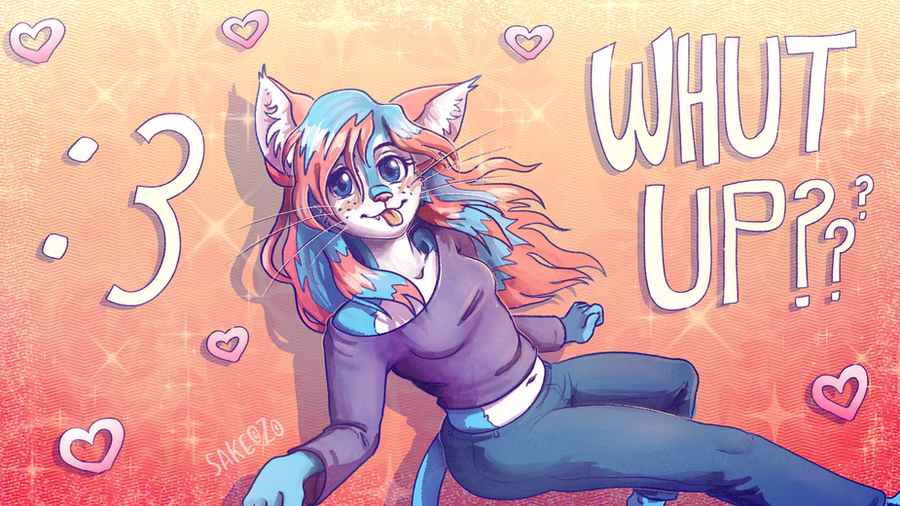 DestinyMew wallpaper of her floating toward the left, the background is very decorated with a lot of sparkle and flitters. There is a popped-out semicolon 3 and "whut up??" as well as some drawn hearts.