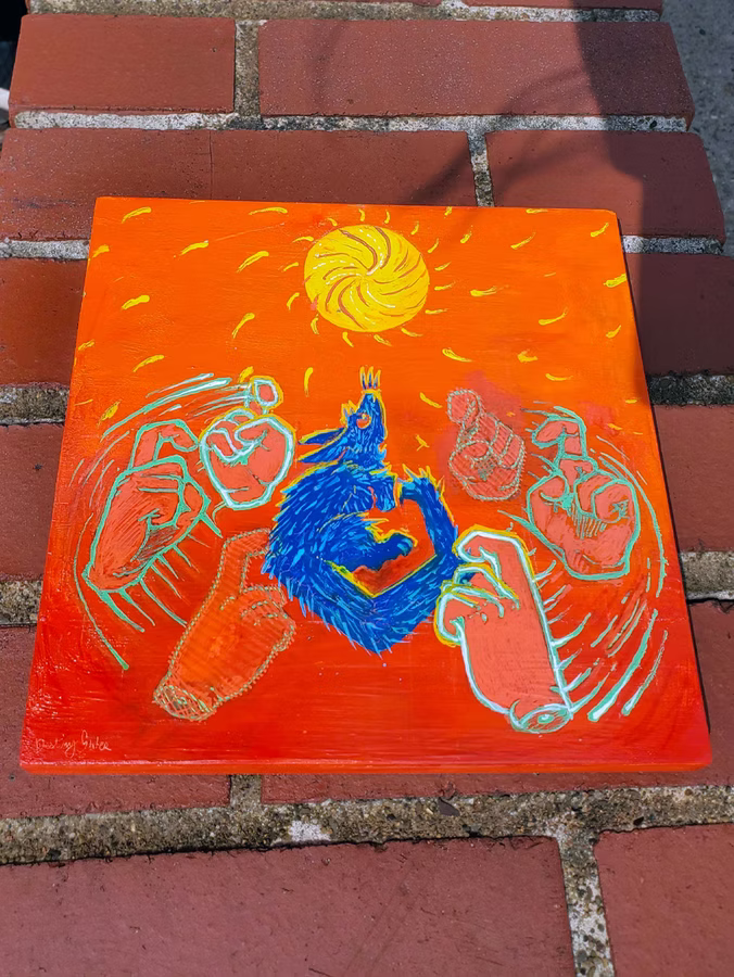 An acrylic painting on canvas in a expressionist style depicting a stylized rat with a sharp angular body as seen from the side looking up at a yellow circle representing the sun. The rat is a deep ultramarine blue with cyan accents and red eyes. Around it there are "ghostly" depictions of 6 hands with their pointer finger half opened with different opacity levels with a cyan border around them, cyan lines representing circular motion are present around the hands. The background is a gradient going from red to orange, little curved yellow lines flow outward from the "Sun" representing rays.
The painting is placed on a brick wall