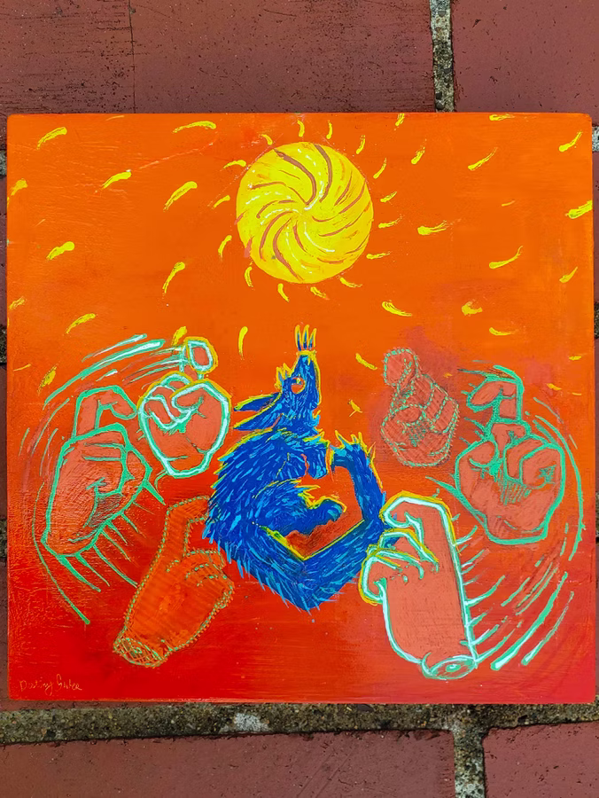 An acrylic painting on canvas in a expressionist style depicting a stylized rat with a sharp angular body as seen from the side looking up at a yellow circle representing the sun. The rat is a deep ultramarine blue with cyan accents and red eyes. Around it there are "ghostly" depictions of 6 hands with their pointer finger half opened with different opacity levels with a cyan border around them, cyan lines representing circular motion are present around the hands. The background is a gradient going from red to orange, little curved yellow lines flow outward from the "Sun" representing rays.
The painting is placed on a brick wall