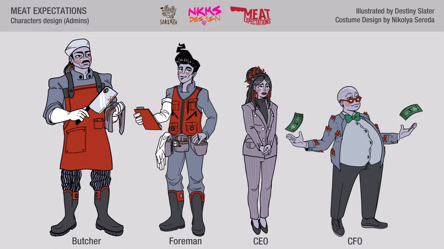 Character design sheet for "Meat Expectations" showing four admins labeled Butcher, Foreman, CEO and CFO, from a bloody-aproned butcher to a CFO tossing money, illustrated by Destiny Slater with costume design by Nikolya Sereda.