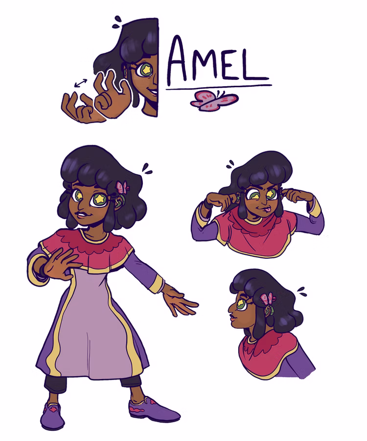 Character sheet titled "AMEL" from Night Facets showing a girl with curly dark hair, a butterfly clip and a red and lavender tunic in a full-body pose and two head studies, with hands signing in the corner.