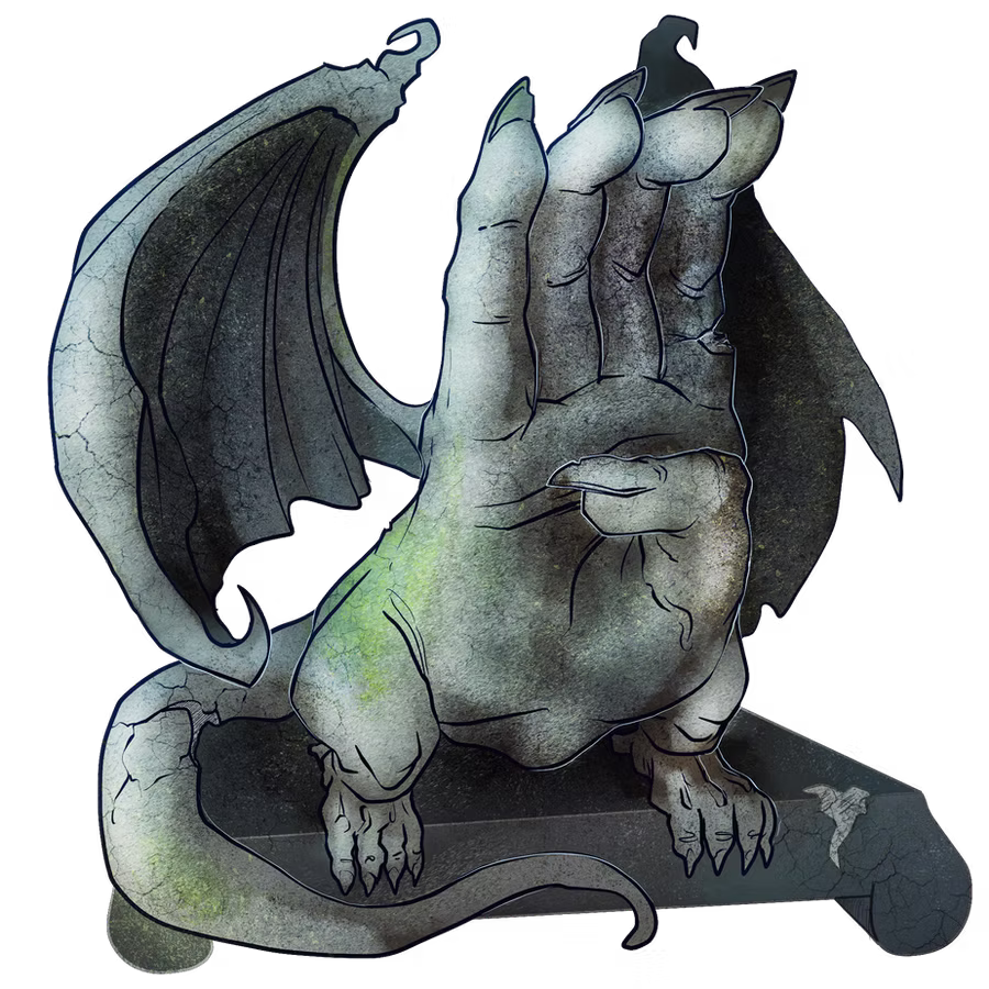 A very aged hand signing "B" but in the form of gargoyle. It's all mossy and stone sculpture, hunching over, and is winged.