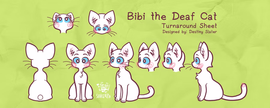 Bibi the Deaf Cat's character turnaround model sheet, designed by Destiny Slater. Bibi is a white cat with big round blue eyes, no mouth, very simple in details, has pink blush on cheeks. The background is light green.