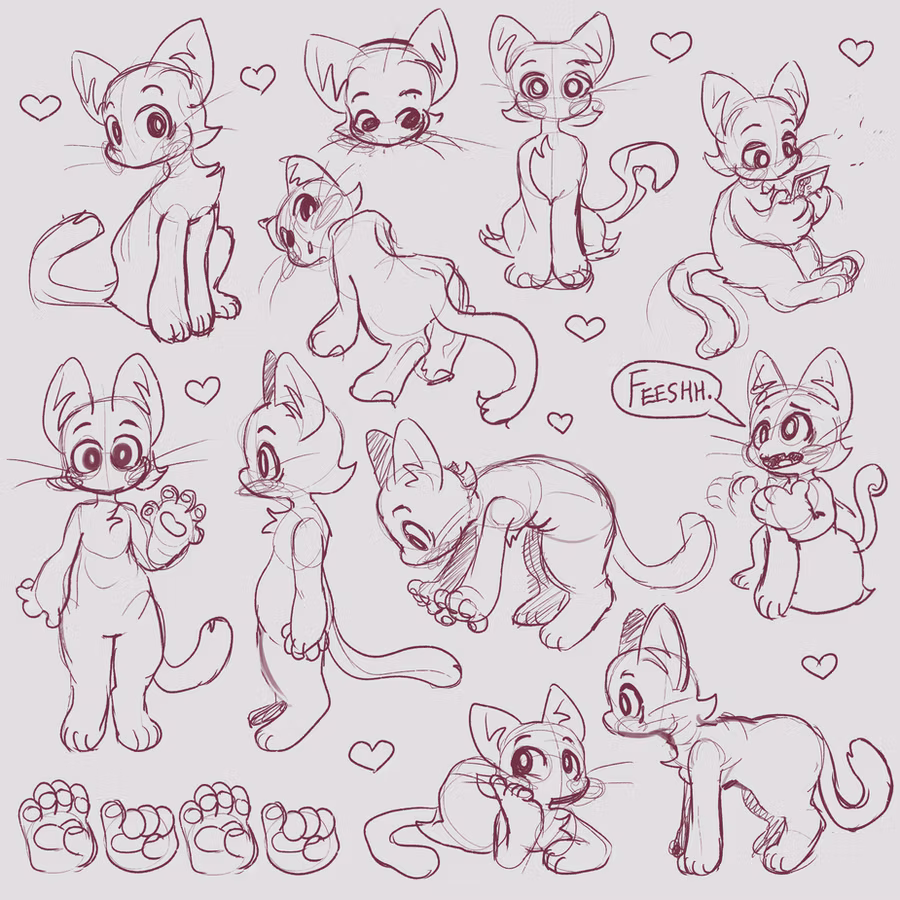 Pencil-style sketch sheet in dark red line of Bibi the Cat in many poses, sitting, crawling, waving and holding a phone, with paw studies, small hearts and a speech bubble reading "FEESHH."