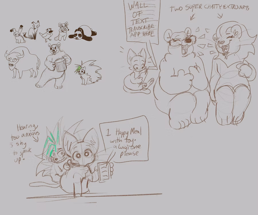 Rough world-building sketches for Bibi the Cat: an animal cast lineup, two large chatty customers beside a sign reading "WALL OF TEXT," and a cat ordering with a speech bubble reading "1 Happy Meal with toy, Large size please."