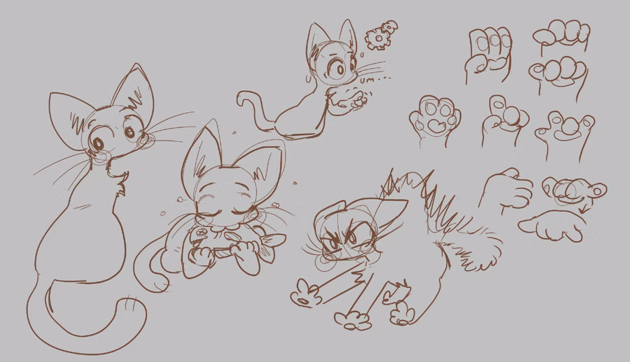 Brown line sketches of Bibi the Cat on a gray background: sitting, leaping, cuddling a toy and hissing with raised fur, plus a cluster of paw and hand pose studies.
