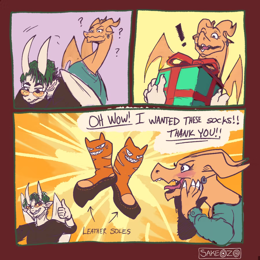 Three-panel comic "Cat Socks": a horned character gives an orange dragon a gift, and the dragon gasps "OH WOW! I WANTED THESE SOCKS!! THANK YOU!!" at grinning orange cat-shaped boots labeled "Leather soles."