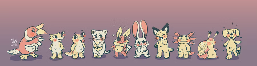 A goofy looking chibi animals lined up from left to right- Hornbill bird, crested gecko, leopard gecko, cat, moth, bunny, carael, axolotl, snail, and puppy!