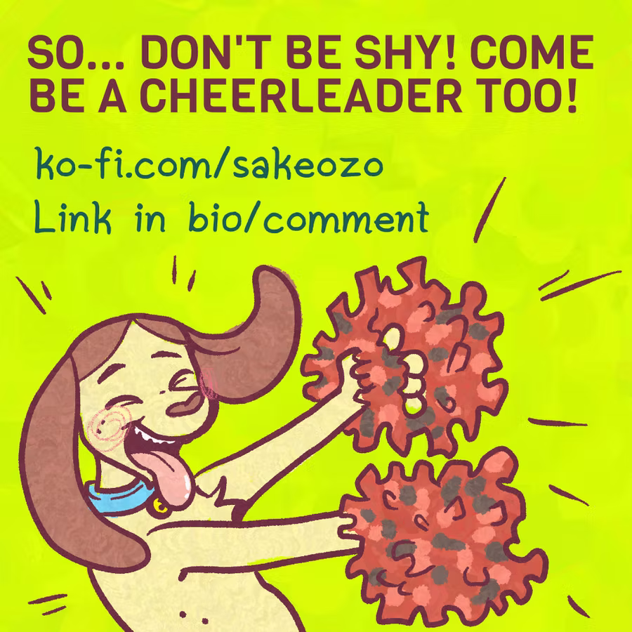 Bibi's boyfriend dog panting and cheering up with red pompoms. "So... Don't be shy! Come be a cheerleader too!" with ko-fi link and "Link in bio/comment"