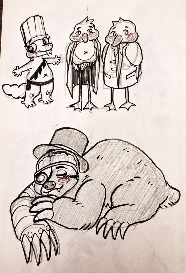 Rough drawing of Sake, Mr. Daddy Longlegs, and Cybersloth.