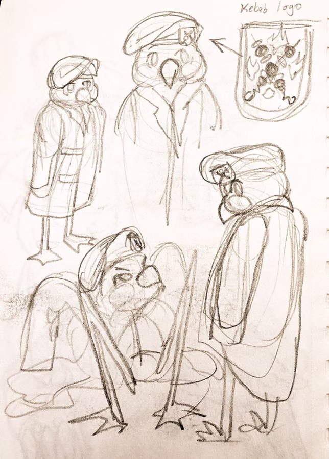 Rough sketches visual dev of Mr. Longlegs in various pose and upclose of the firey kebab symbol on his beret hat. He stands, close-up bust, squatting, and backview standing.