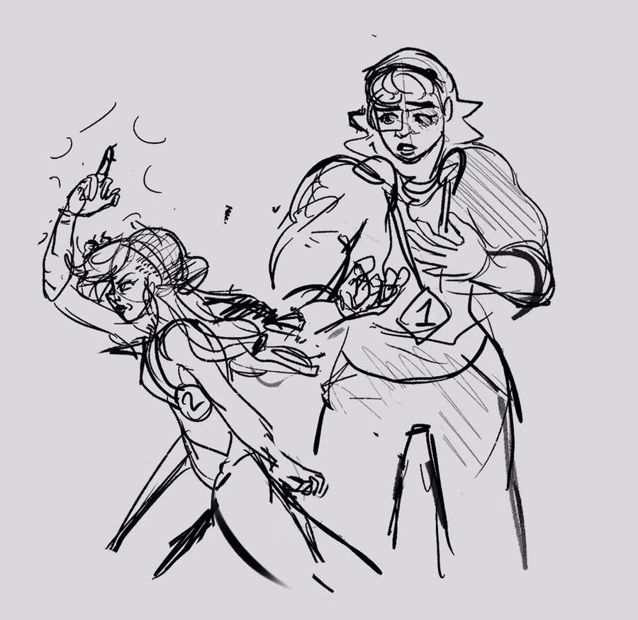 Rough gray pencil sketch from Race Against Tempium of Renila looking shocked as another character angrily hurls something at her, with motion marks and a raised fist.