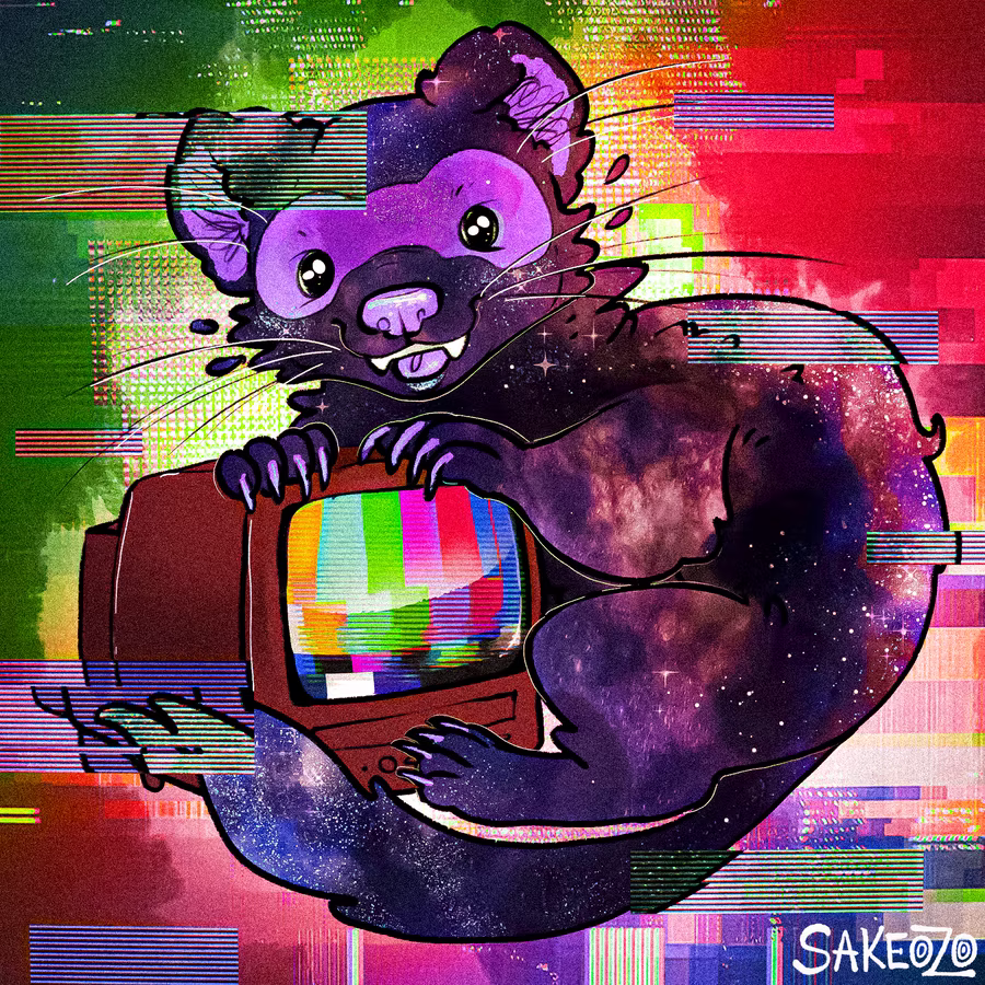 A galaxy-textured purple ferret happy cozying up with small retro box television with singal glitch screen showing, in the background as well as subtly on ferret himself are glitched. At the bottom-right corner, there is an artist's watermark logo signed by Sakeozo.