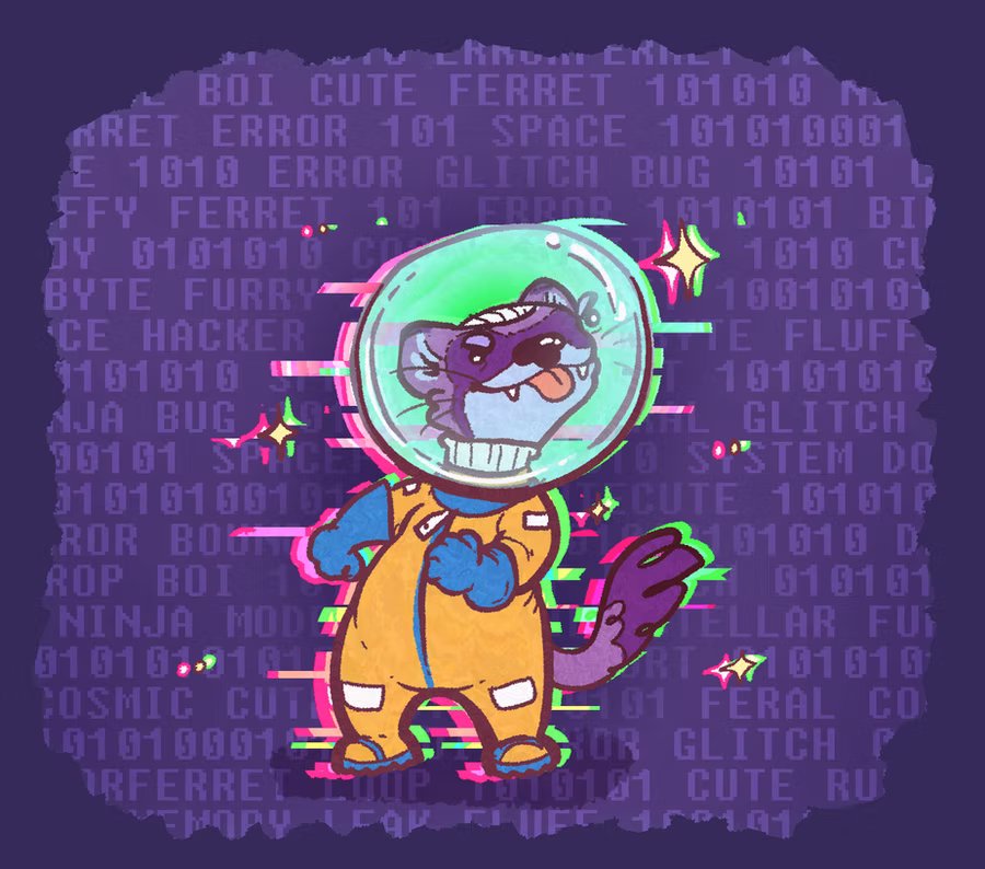Purple glitchy ferret in outer space outfit colored like classic Naruto, has few stars and glitched out aura around him. He looks very derpy. There is Sakeozo logo watermark next to him at the bottom-right. In the background, in system fond, it is various of binary number, error, bug, glitch, space, ferret, cute, and so on.