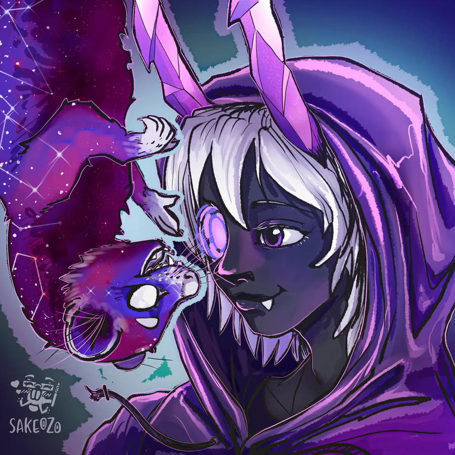 A headshot of a galaxy ferret and a crystal-horned male character in shiny dark purple hoodie, white hair, and shadow skin. They both are looking at each others contently and happily.