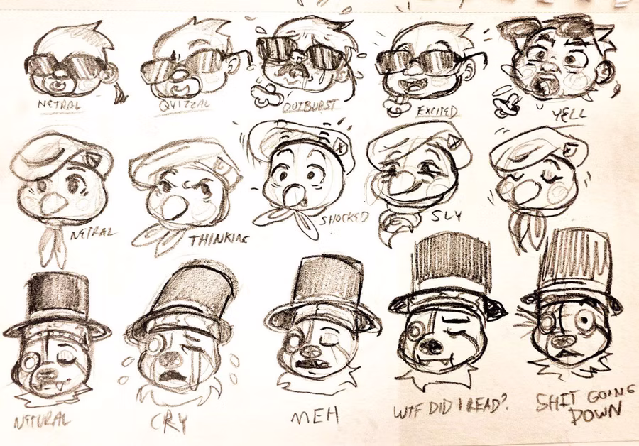 Facial expression sheet  of 3 characters showing 5 different facial expressions. On top row is of Baby Boss, labeled in the order from left to right, netural, quizzal, outburst, excited, and yell. Second row is of Mr. Longlegs, from left to right, netural, thinking, shocked, sly, nodding. On bottom row is of Cybersloth, from left to right, netural, cry, meg, wtf did I read, and shit going down.
