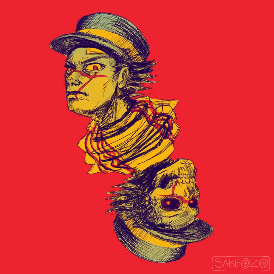 A fanart illustration of Sugimoto from Golden Kamuy. The portrait features two mirror-image busts set against a solid red background: the top version shows Sugimoto with an intense, angry expression and red glowing eyes, while the bottom version is inverted and depicts him as a skeletal skull with the same glowing eyes. Both figures wear his signature military cap with a yellow band and a yellow scarf with purple striped patterns. The art style uses heavy blue hatching and bold red facial scars. There is an artist's watermark logo by Sakeozo at the bottom-right corner.