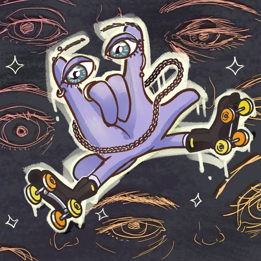 A drawing of an "ILY pet" depicting a hand with the pinkey pointer and thumb sticking out representing the "I love you" sign. The ILY pet is purple with blue eyes situated at the top of the pointer and pinkie fingers. Bellow them on the pinkie there is a golden earring. The ILY pet has a golden chain around them and they're wearing black skates with yellow and orange wheels.
The background is a dark gray with golden rough drawings of eyes and noses with little white stars around them.