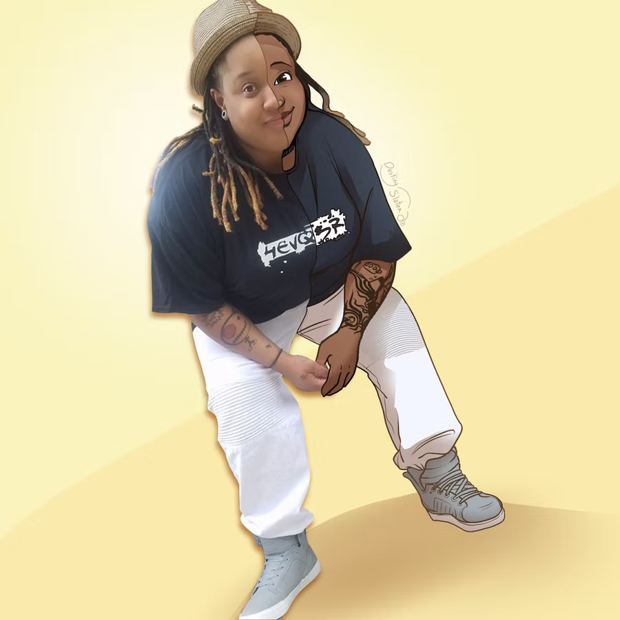 Bright yellow environment of Sheena Lyle, the left half of her is an actual photo of herself and the right half of her is digitally 2D illustrated, with a signature by Destiny Slater by her arm.