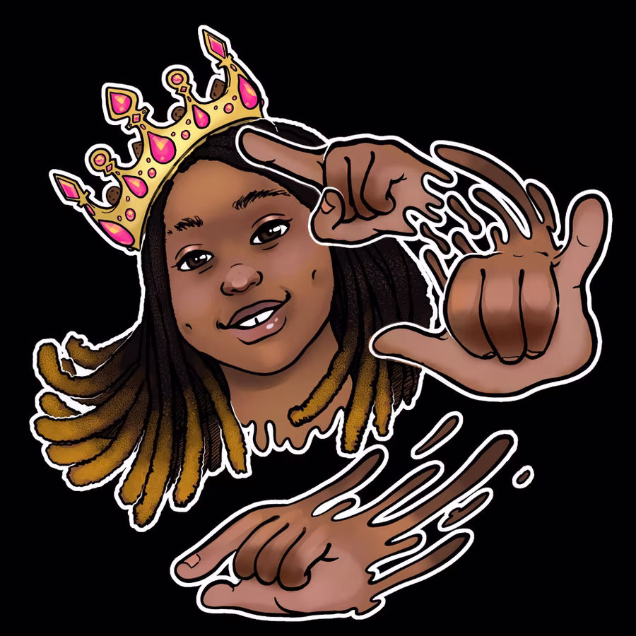 A woman, Sheena Lyle, with a golden queen crown with pink gems, she is signing "Forever Queen" leaving water-like trail behind the hands in motion.
