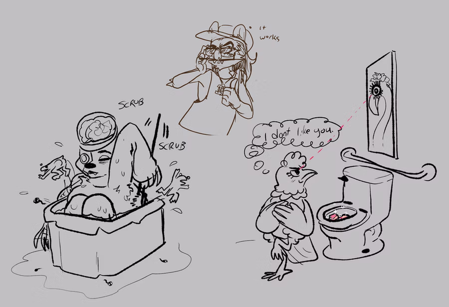 Three quick drawings from left to right. On left is Cybersloth in a small container tub, bathe and scrubbing his back as frogs and tadpole jumps off. In center is Def not WPSD adjusting her glasses proudly and giving thumbs up, "It works.". On right is of Magpie in bathroom, spooked and angrily looking at a canvas art poster above toilet, thinking "I don't like you." The art poster is of flamingo with disturbingly long eyelashes and sharp eyes that seem to look in your soul. There are several sparkly pink diamonds in the toilet.