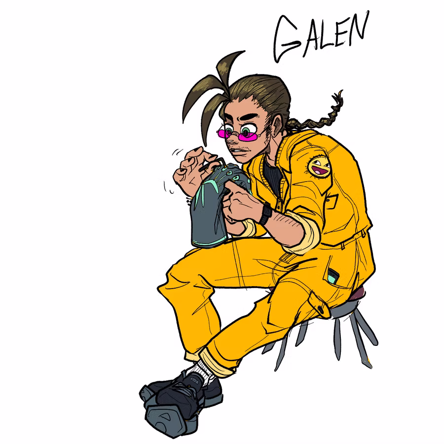 Colored drawing labeled "GALEN" of Galen from Race Against Tempium, sitting on a stool in a yellow jumpsuit and pink glasses, braided hair sticking up, working on a dark mechanical part.