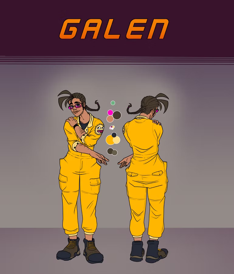 Character reference sheet titled "GALEN" from Race Against Tempium showing a person with braided pigtails and pink glasses in a yellow jumpsuit and work boots, front and back views, with a color palette.