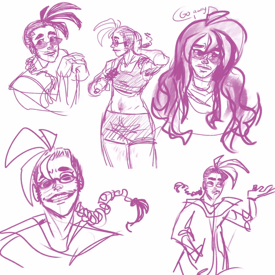 Magenta digital sketches of Galen from Race Against Tempium in several poses and hairstyles, with glasses and a spiky ponytail, including one with long loose hair and the words "Go away!"