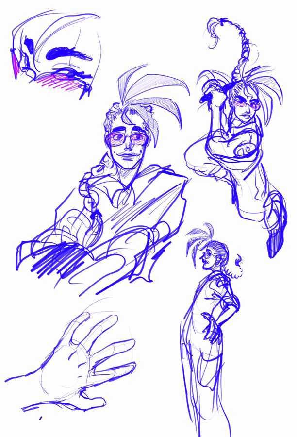 Blue line sketches of Galen from Race Against Tempium with glasses and a spiky braided ponytail, including a portrait, a crouching pose, a standing side view, an eye close-up and a hand study.