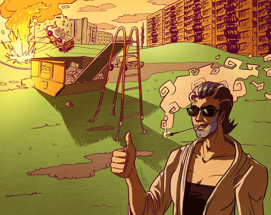 A middaged man in the foreground giving a thumbs-up while a massive explosion occurs behind him. The man has slicked-back dark hair with a grey streak, wears dark sunglasses, a black undershirt, and a tan open-collared jacket. He is smoking a long, thin cigarette that let out a stylized, swirling smoke. The background is a bright, grassy park area under a sunset yellow sky. To the left, a car is being launched into the air by a large orange and yellow explosion next to an open dumpster. A tall playground slide stands in the center, casting a long shadow. In the far distance, several large apartment buildings with balconies line the horizon.