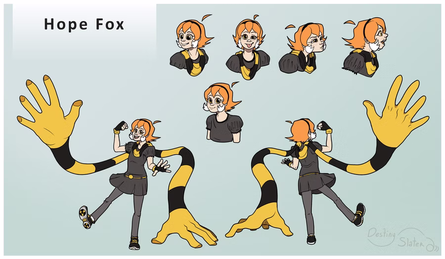 A character reference sheet for Hope Fox. The top section includes five headshots with expressions ranging from happy and playful to surprised and singing. She has short orange hair with a black headband. The bottom section shows two full-body views showcasing her unique scarf: a long, yellow-and-black striped garment that extends into two oversized yellow hands. She wears a dark grey dress over leggings and sneakers. A credit for Destiny Slater is at the bottom right.