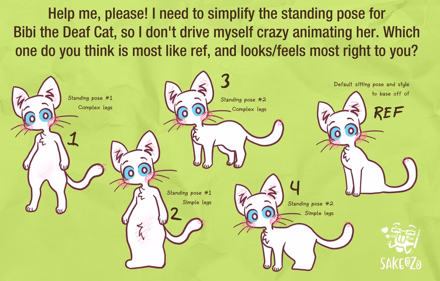 Various standing pose and style of Bibi the Deaf Cat. The text reads: "Help me, please! I need to simplify the standing pose for Bibi the Deaf Cat, so I don’t drive myself crazy animating her. Which one do you think is most like the ref, and looks/feels most right to you?" From left to right, the poses are: Standing pose 1 - Complex legs, shows Bibi standing upright like a human, with detailed legs and her tail curved behind her. Standing pose 1 - Simple legs, is the same upright position but with the legs simplified into smoother, tube-like shapes. Standing pose 2 - Complex legs features Bibi standing naturally on all fours with detailed legs and her tail lifted. Standing pose 2 - Simple legs mirrors the previous position but simplifies the leg design. At the far right is the Default sitting pose and style to base off of, showing Bibi seated, more shaped-focused, lacking back legs details. The background is light green with a paper texture, and a white artist watermark by Sakeozo in the bottom-right corner.