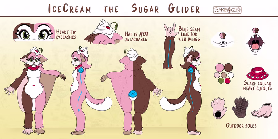 Character reference sheet titled "IceCream the Sugar Glider" showing a pink, brown and white sugar glider in front, back and side views, with notes on heart-tip eyelashes, the hat, web wings, collar and soles.