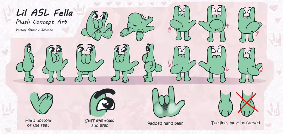 Plush concept art sheet titled "Lil ASL Fella" showing a mint green hand-shaped creature with eyes from many angles, with notes on its hard feet, stiff eyebrows, padded palm and curved toe lines.