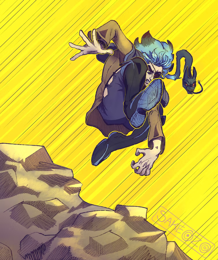 Kuro Hebito is captured mid-air in a dynamic, crouching pose, leaping over a jagged rock formation. His vibrant blue hair flows behind him, with one thick strand transformed into a dark demonic snake with glowing red eyes. He wears an eyepatch over his left eye and is dressed in his signature dark blue and tan high-collared outfit. The background is a bright, solid yellow with diagonal motion lines, emphasizing the speed of his jump. There is an artist's watermark logo by Sakeozo at the bottom-right corner.