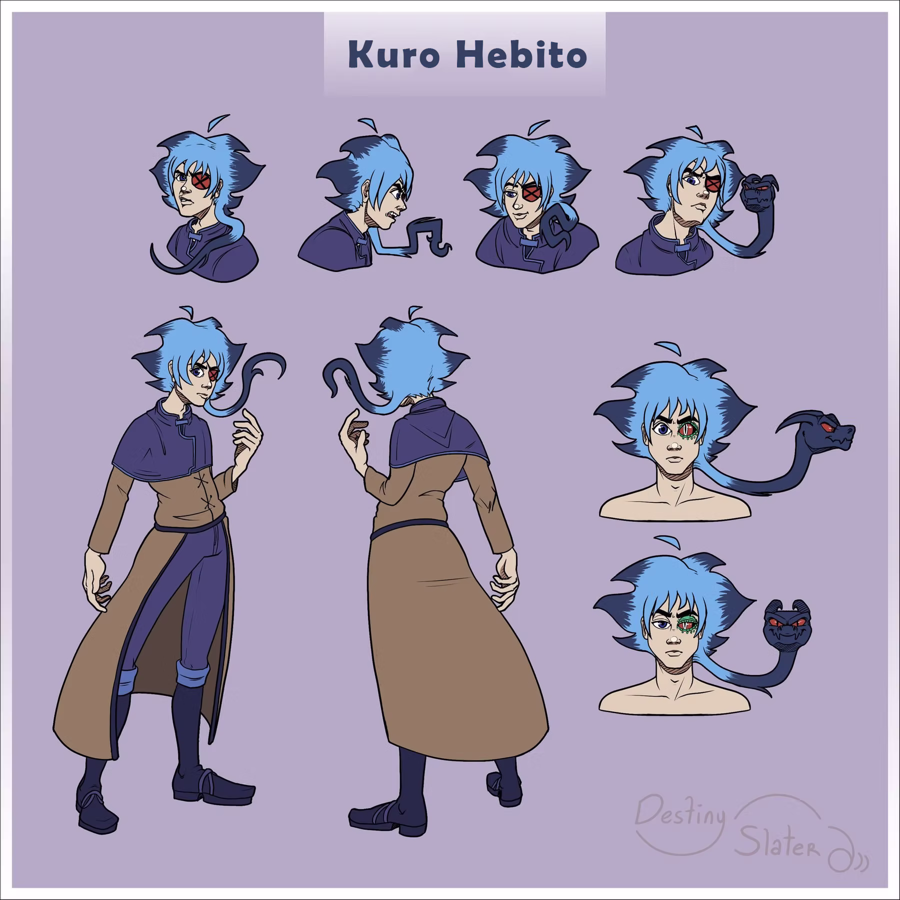 A character reference sheet for Kuro Hebito. The top row displays four headshots showing various expressions: serious, angry, smiling, and determined. The bottom section features full-body front and back views. Kuro has blue, spiky hair with a long lock that transforms into a dark blue demonic snake head with glowing red eyes. He wears a dark blue high-collared tunic over a tan-colored long coat and dark trousers. One eye is covered by a red-and-black eyepatch, while the other is a piercing blue. A credit for Destiny Slater is at the bottom right.