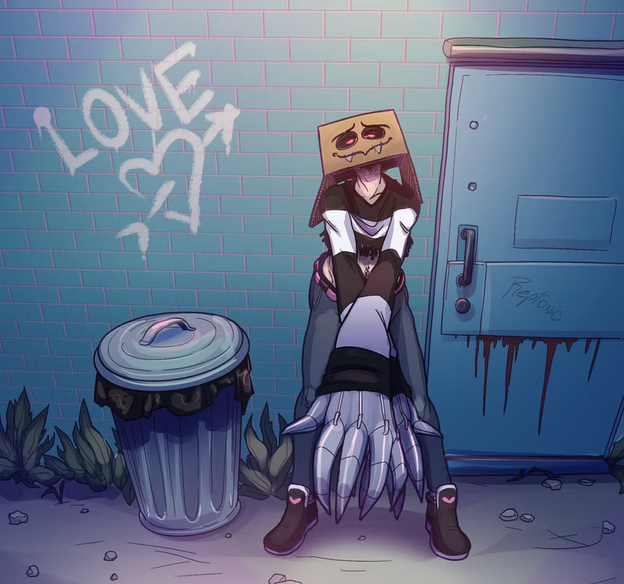 Character illustration of Boom, who wears a cardboard box over their head with a drawn-on face featuring pink eyes and a fanged grin. Boom is dressed in a black and white striped long-sleeve shirt with exceptionally long sleeves that end in a singular, oversized metallic claw. The character is positioned in a dimly lit alleyway next to a metal trash can and a blue door with dark stains at the bottom. The teal brick wall behind them features white graffiti that reads "LOVE" with a heart and arrow symbol.