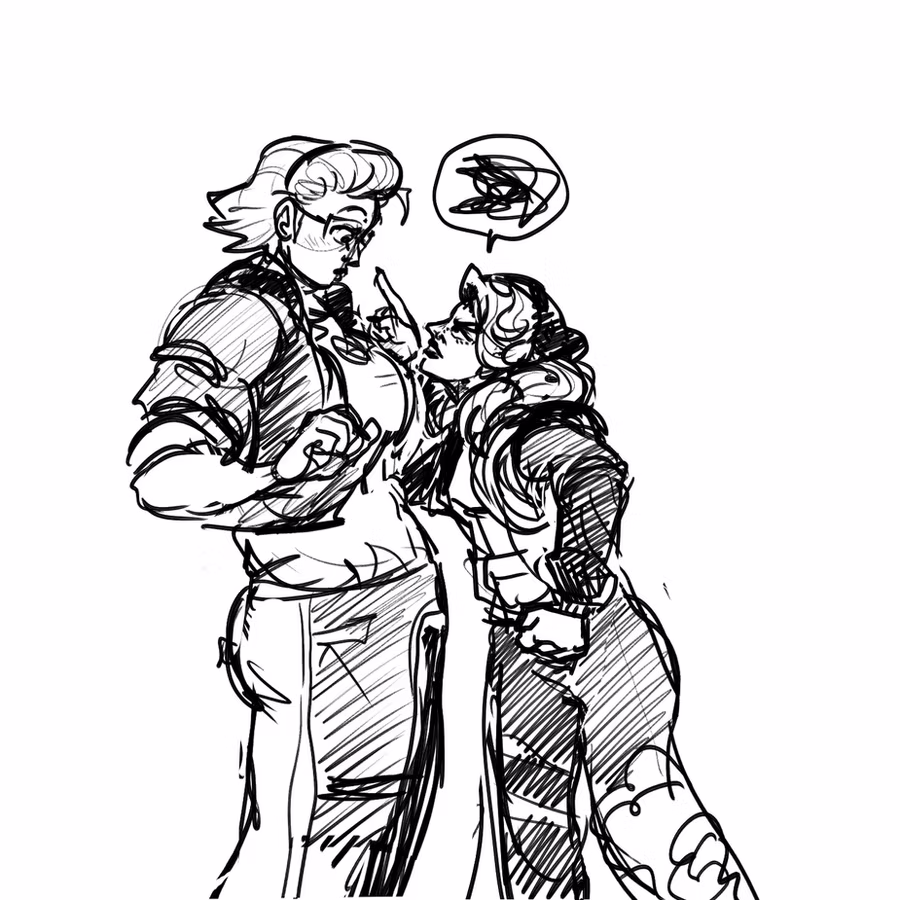 Black and white ink sketch of Mondio and Renila from Race Against Tempium in a tense standoff, one jabbing a finger at the other, with an angry scribble in a speech bubble.