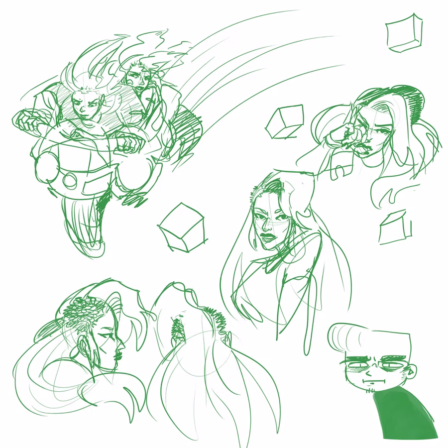 Green line sketches of Mondio from Race Against Tempium, with long flowing hair, riding a motorcycle with another rider, plus close-up face studies and floating cubes.