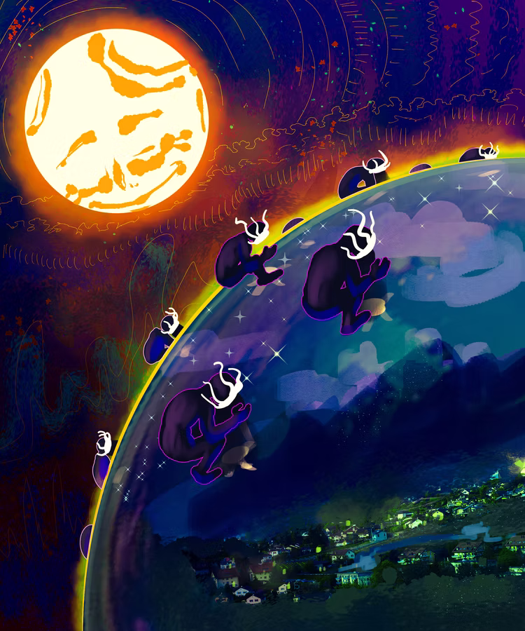 Digital painting from Night Facets of dark hooded figures with white masks crawling along the edge of a glowing blue planet toward a huge orange sun, with a lit town below and a swirling night sky.