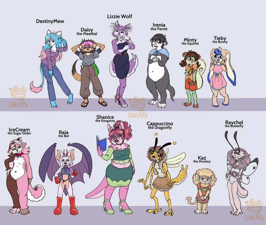 Lineup of updated anthropomorphic character designs, labeled DestinyMew, Daisy the Meerkat, Lizzie Wolf, Irenia the Ferret, Minty the Squirrel, Tieby the Bunny, IceCream the Sugar Glider, Raja the Bat, Shanice the Kangaroo, Cappuccino the Dragonfly, Kaz the Monkey and Raychel the Butterfly.