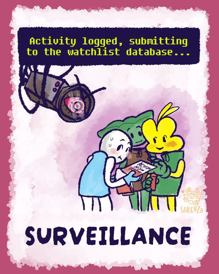 Surveillance. A giant angry target-eyed camera pointing at a small group of characters discreetly passing action now flyer around. The camera thinks to itself, "Activity logged, submitting to the watchlist database..."