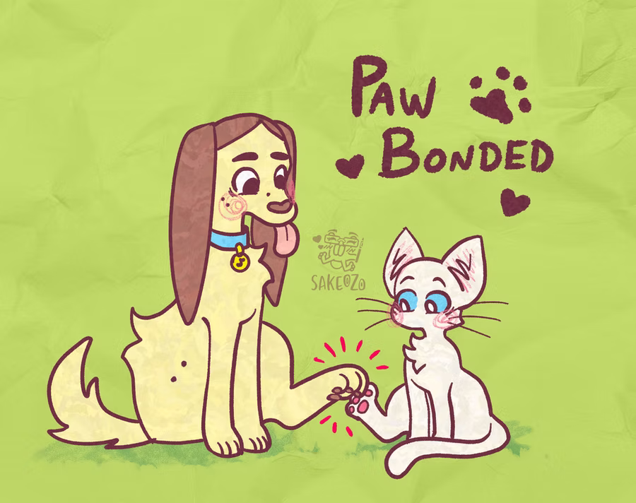 Writing on upper-right, "Paw bonded" with some hearts. The main subjects are Bibi and Ravi boops each others with one of their back paws, with bright pink popping effect to show they booped the paws.