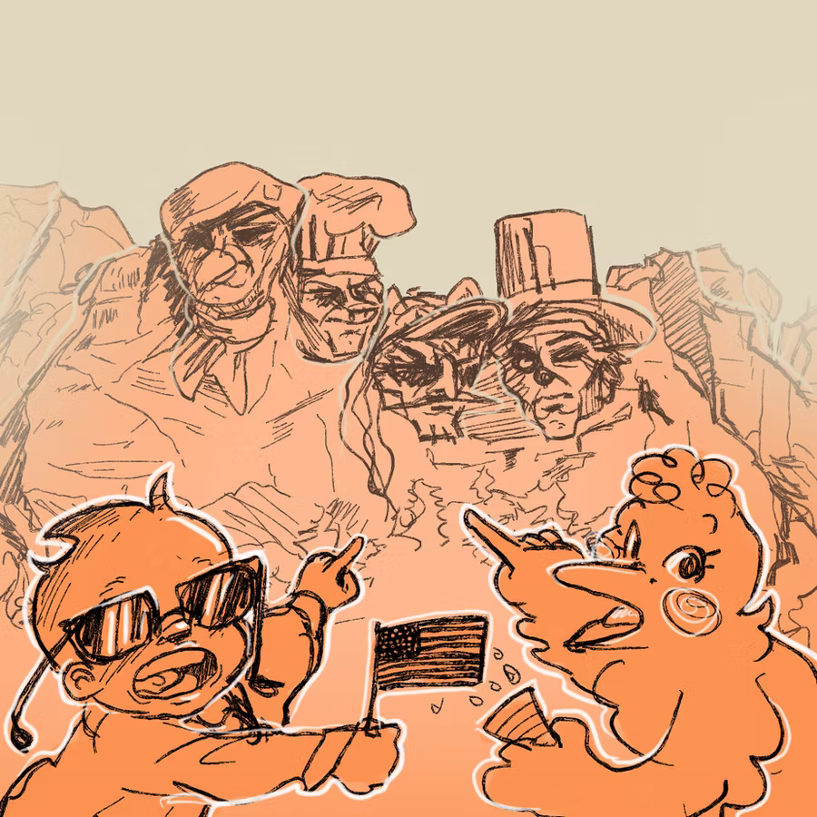 An orange-tinted sketch celebrating Presidents' Day, featuring Baby Boss and Magpie in the foreground. They are parodying the "two guys pointing" meme, both leaning into the frame with wide, open-mouthed expressions and pointing toward a mountain in the background. The mountain is carved with the serious, stoic faces of Mr. Longlegs, Sake, Def not WPSD, and Cybersloth in the style of Mount Rushmore. Baby Boss holds a small American flag.