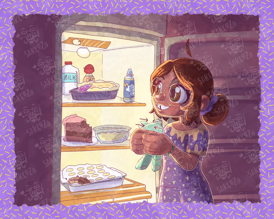 The same little girl now looking at a fridge, with a wide eyed smile signing "More". The fridge contains different types of cake and pie. She is holding her green teddy bear next to her 
The background is a darker purple color and the fridge blends into the background.