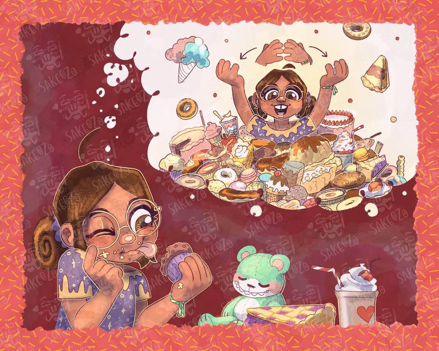 A little girl holding and eating a muffin winking with her tongue sticking out, happy. Next to her there's a green teddy bear, a slice of pie and a milkshake. Above her a "daydream bubble" presents her atop a pile of assorted sweets signing  "A lot" The background is a rose red with a watercolor like texture.