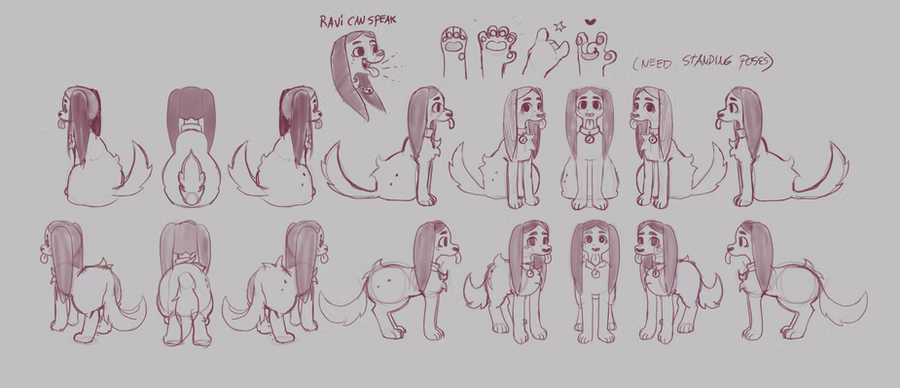 Character turnaround sheet for Ravi from Bibi the Cat, a long-haired, long-tailed creature drawn in dark red line from many angles, with paw studies and expression sketches on a gray background.