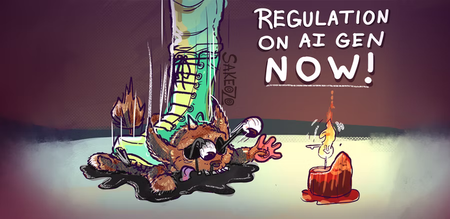 "Regulation on AI Gen now!"

Referring to the quote retweet, a small monster AI-generated by OpenAI is being mercilessly crushed by a huge boot, discolored teal green and yellow. The monster is severely injured, leaking out oil profusely, showing the monster is a robot. Both of its eyeballs have been popped out of their sockets and remain fixated on the floor. Desperately, the monster reaches out towards a candle as its flame takes seemingly laughing and mocking at the dying creature.

Next to the boot, there is a watermark by Sakeozo.