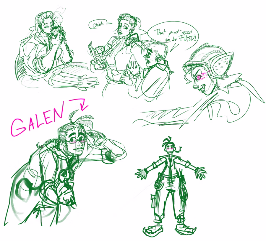 Green line sketch page from Race Against Tempium with Renila and Galen, showing workshop scenes, a speech bubble reading "That part need to be FIXED!", Galen labeled in pink, and Galen standing with arms spread.